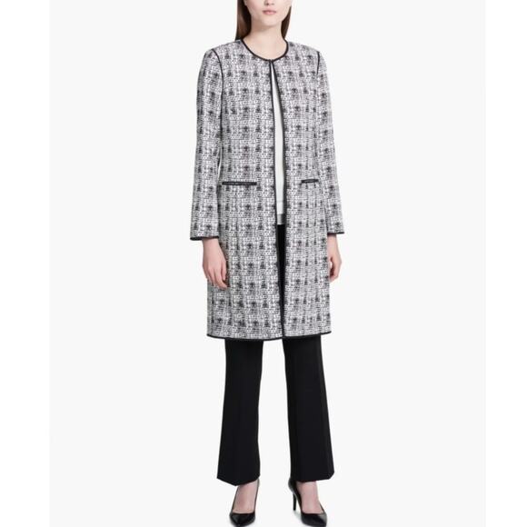 Calvin Klein Long Line Jacket Career White black faux leather trim topper 6 - Picture 1 of 6